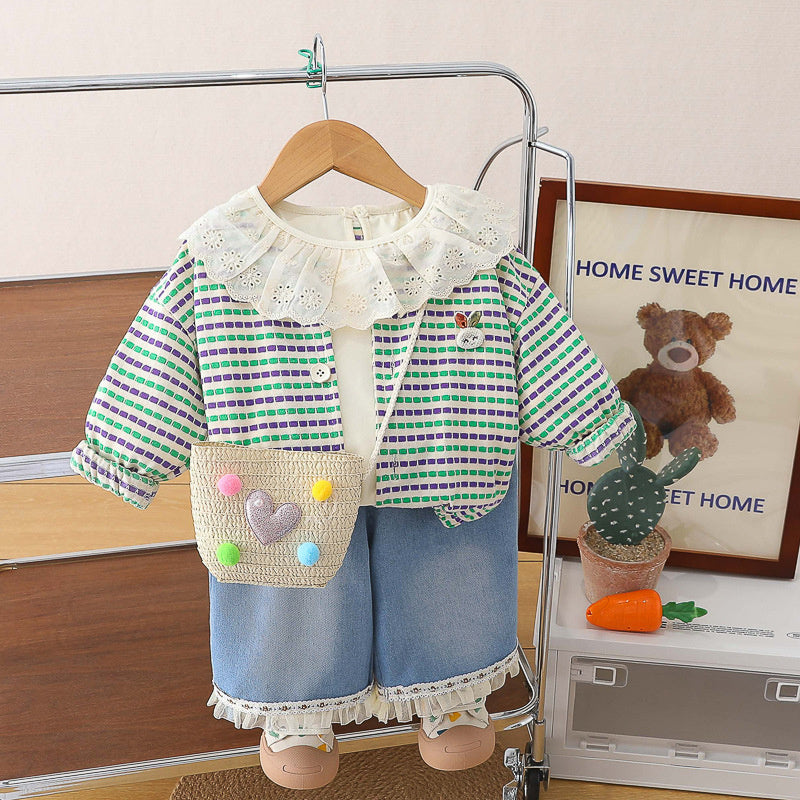 Girls' Korean-style outfit 2026 new fashionable spring and autumn three-piece set for baby girls with thin striped rabbit design
