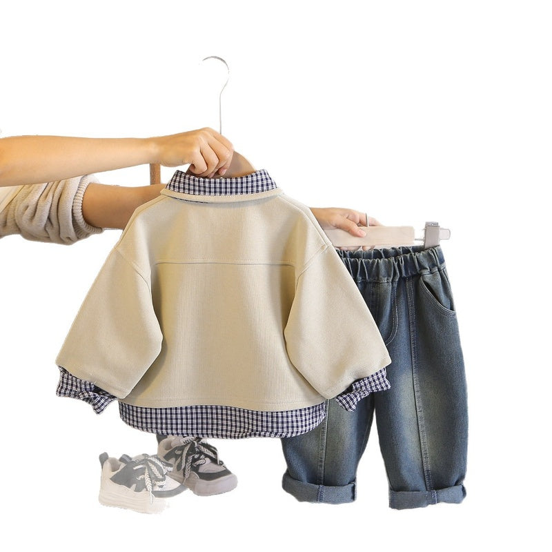 Baby Boy Spring Outfit, Boys' Plaid English Collar Two-Piece Set, Infant and Toddler Clothing, 2026 New Model