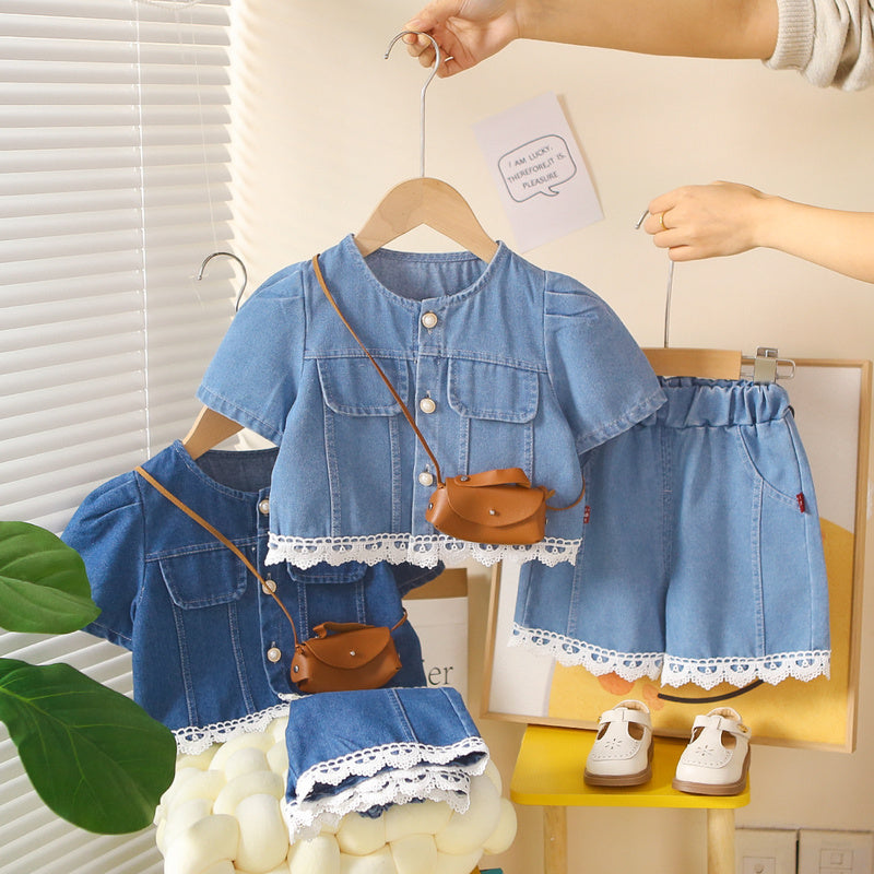 Girls' Outfit 2026 New Style: Lace Hem Denim Short Sleeve Shorts Two-Piece Set, Stylish Baby Summer Fashion