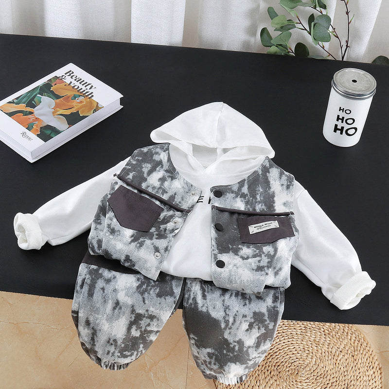 Boys' Outfit 2026 New Spring and Style Children's Fashionable Hooded Sweatshirt Baby Autumn Tie-Dye Vest Three-Piece Set