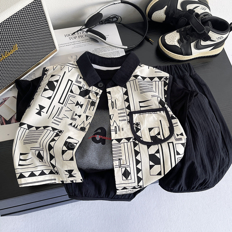 Boys' Outfit 2026 New Style Shirt Korean Version Baby Boy Summer Fashion Casual Children's Short Sleeve Three-Piece Set