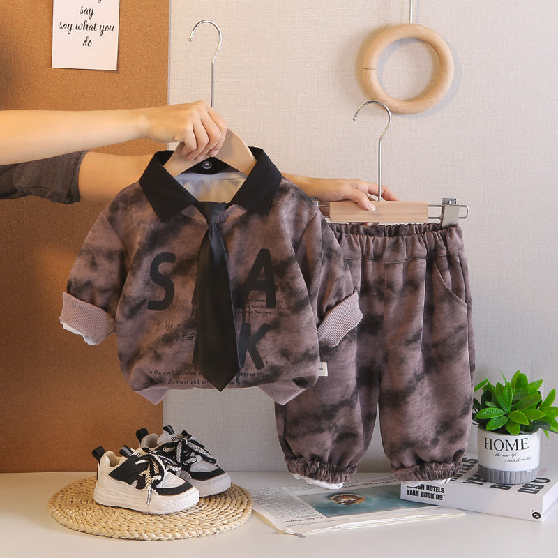 Boys' Outfit Infants Children, New Spring Autumn Style, Stylish Korean Version with Tie and Tie-Dye Long Sleeve Two-Piece Set for Boys