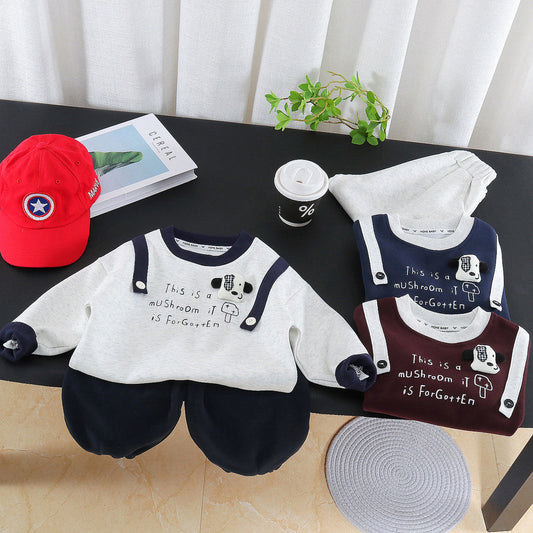 Boys' Autumn Outfit Cute Dog Print Shoulder Strap Sweatshirt Two-Piece Set Baby Stylish Fashionable Toddler Clothes Infant Clothing