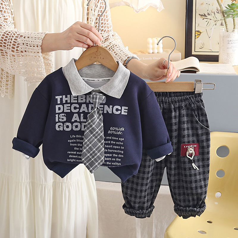 Boys' Outfit 2026 New Children's Two-Piece Set with Letter Print on Chest Tie, Baby's Spring and Autumn Casual Clothes