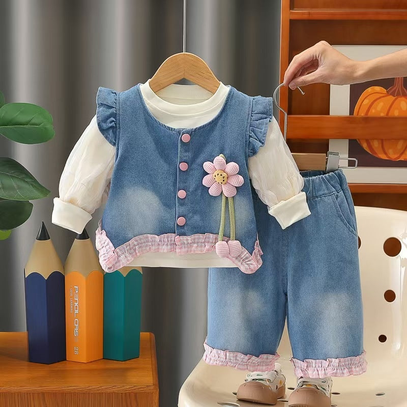 Girls' Outfit Set, Children's Floral Denim Clothes, Fashionable 1-2-3 Year Old Baby Spring and Autumn Three-Piece Set