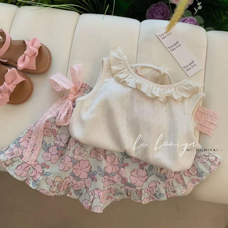 Baby Girl Outfit Dress Stylish Princess Sweet Floral Cute Internet Celebrity Summer Thin Sleeveless Vest Set Pants Skirt
