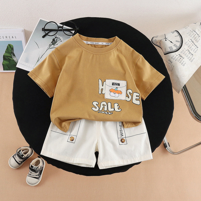 Children's 2026 Short-Sleeve New Style Casual Korean Cartoon Pocket Dog Summer Outfit Two-Piece Set for Boys and Girls