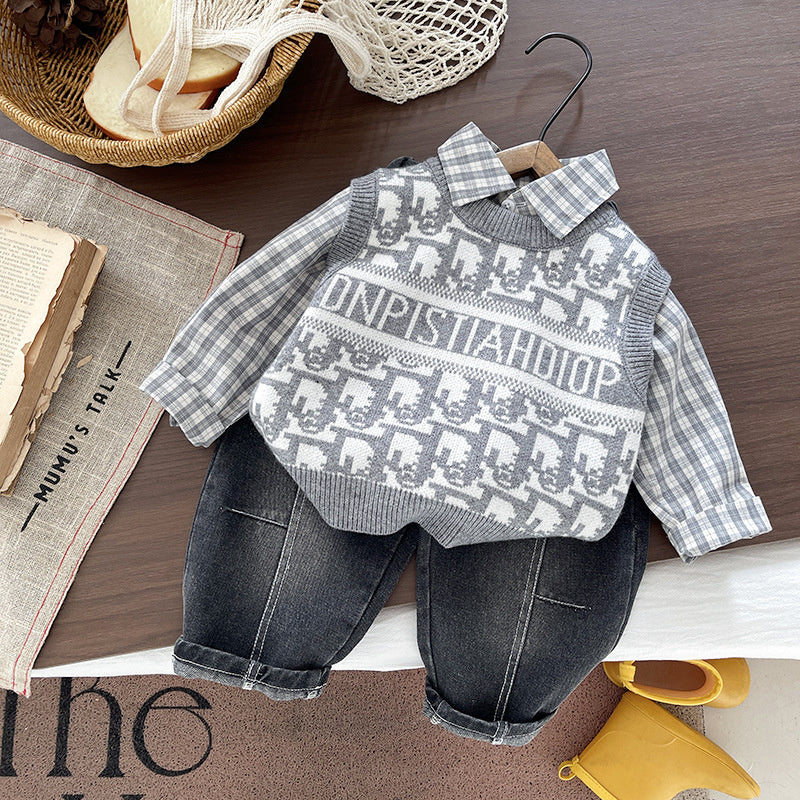Boys' clothing shirt sweater set, spring autumn style, trendy and cool, stylish long-sleeve three-piece set for 1-5 year old boys