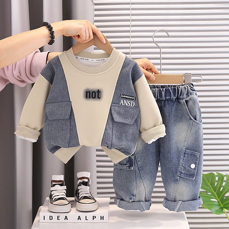 Outfit Set 2026 New Baby Children's Spring and Autumn Denim Patchwork Sweatshirt Two-Piece Boys' Round Neck Clothes