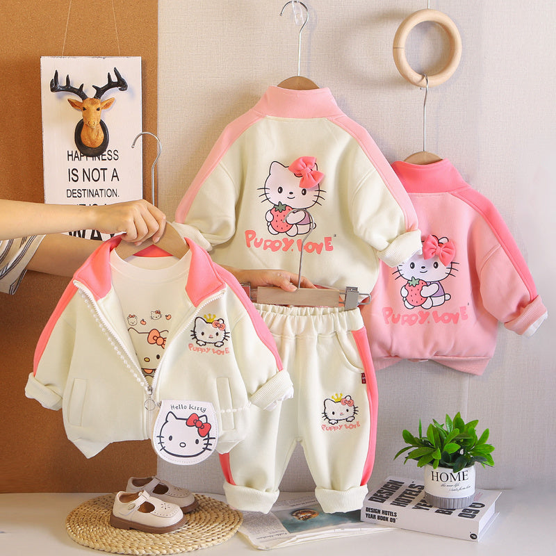 Girls' Outfit 2026 New Fashionable Children's Clothing Baby Spring and Autumn Kitten Patchwork Three-Piece Set Infant