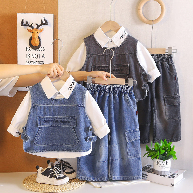 Boys' Spring Autumn Outfit: Stylish Infant and Toddler Denim Vest with Large Pockets, Three-Piece Set, 2026 Fall Fashion for Baby Boys