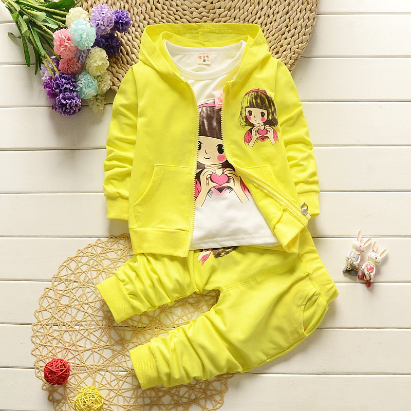 Children's clothing stylish outfit 2026, spring and autumn wear 2-3 year old little girls, long-sleeved cartoon three-piece set for toddlers 7