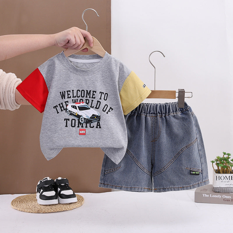 Boys' Cartoon Car Short Sleeve Set 2026 New Style for 1-4 Year Olds, Stylish Baby Korean Version Summer Outfit