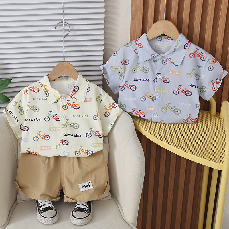 Boys' Outfit 2026 New Children's Cartoon Bicycle Shirt Short Sleeve Baby Summer Casual Two-Piece Set