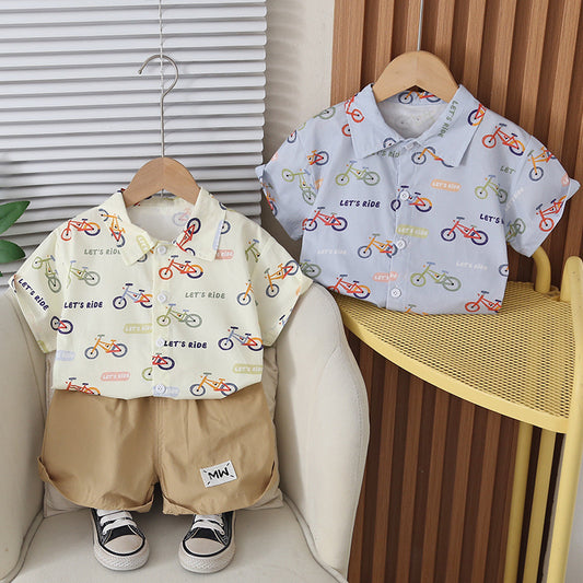 Boys' Outfit 2026 New Children's Cartoon Bicycle Shirt Short Sleeve Baby Summer Casual Two-Piece Set