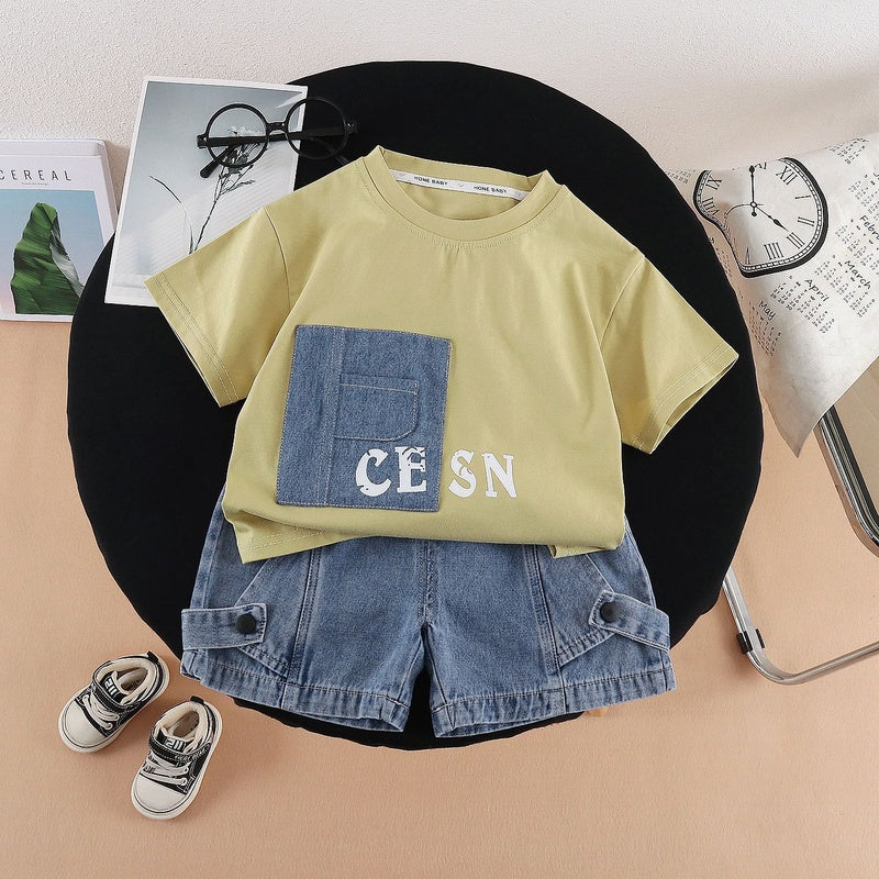 Boys Outfit Set 2026 New Children's Patch Letter Short Sleeve Toddler Thin Clothing Baby Summer Style Kids' Wear