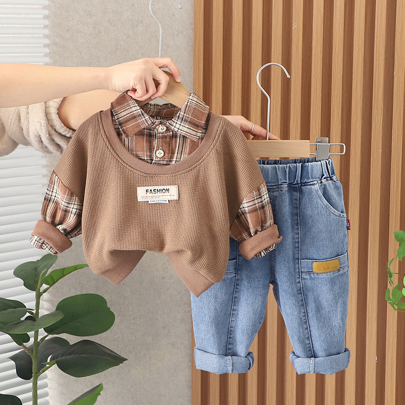 Suit 2025 Autumn Children's Plaid Fake Two-Piece Set Long Sleeve Spring New Boys' Baby One-Piece Dropshipping
