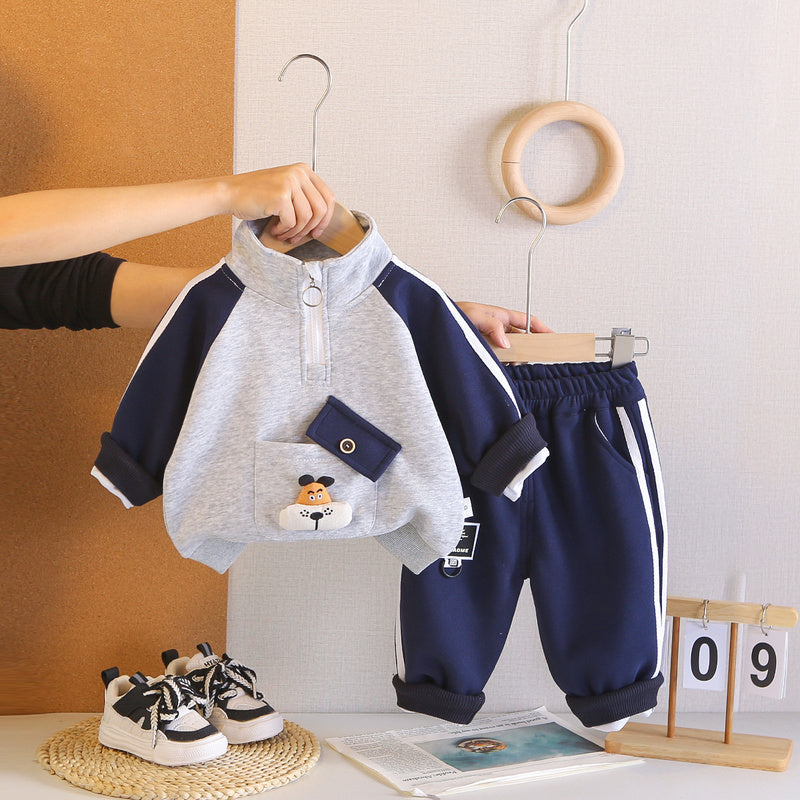 Boys' Outfit Set: New Spring Autumn Style for Infants Children, Stylish Korean Version with Diagonal Pocket Cover and Puppy Print Sweatshirt Two-Piece Set