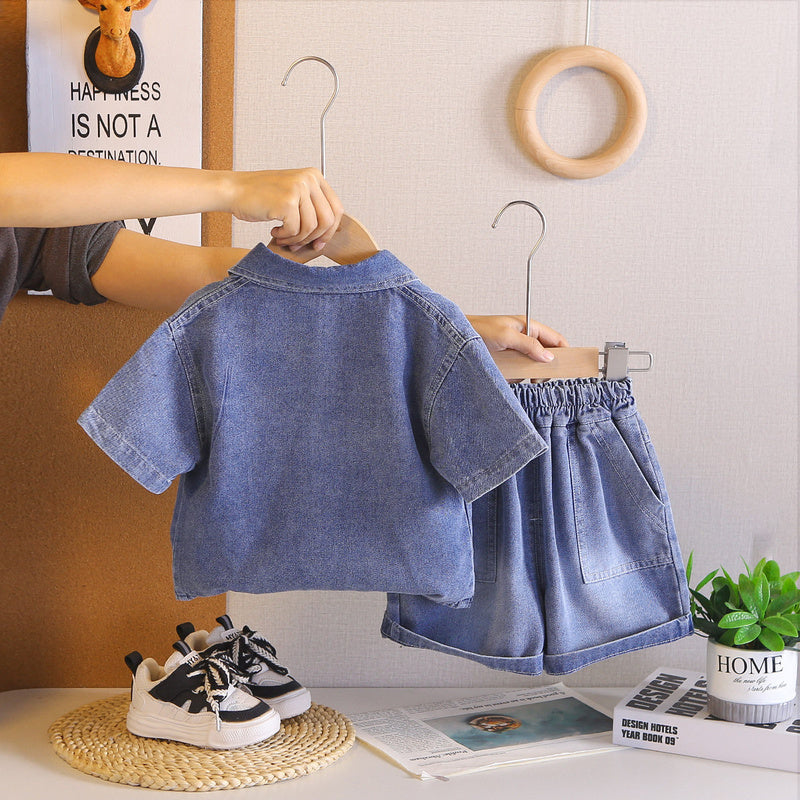 Children's clothing boys' short-sleeve 2026 new stylish summer outfit for 1-3 year old toddlers baby letter denim three-piece set