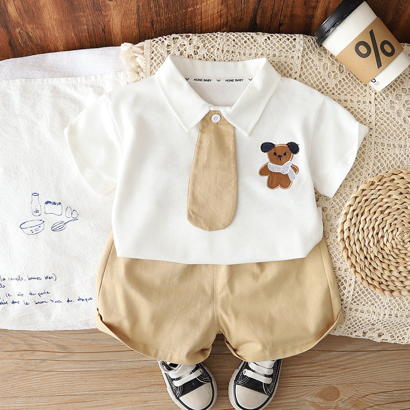 Boys and girls outfit 2026 new style children's cute summer clothes baby cartoon tie short-sleeve two-piece set