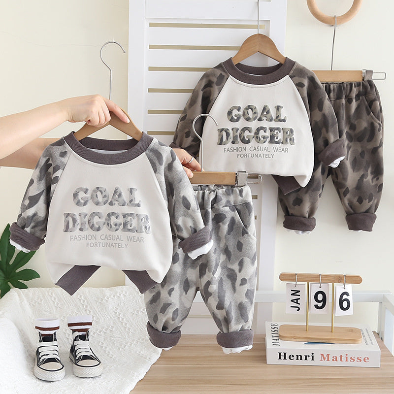 Boys' autumn long-sleeve outfit, children's leopard print patchwork sleeve sweatshirt, trendy and stylish casual two-piece set for spring