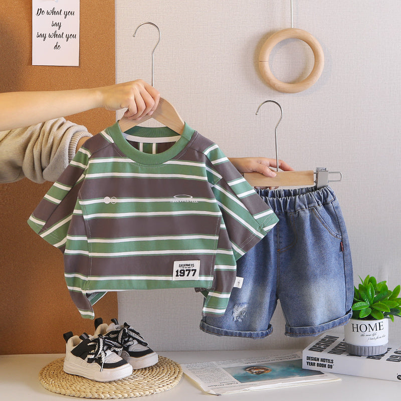 Boys' Summer Outfit 2026 New Fashionable Striped Short-Sleeve Denim Shorts Two-Piece Set for Toddlers