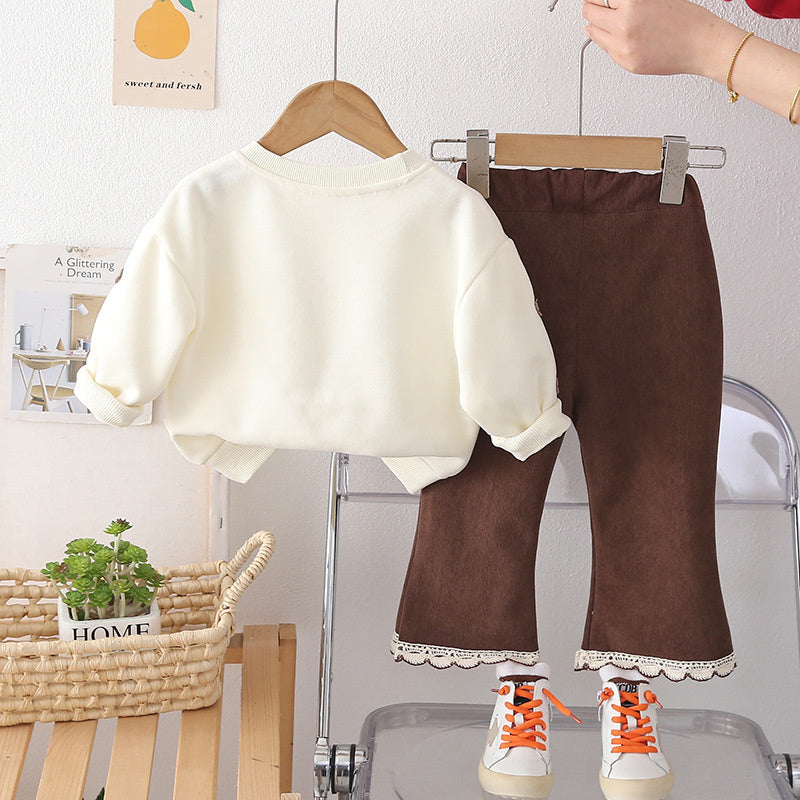 Girls' Outfit 2026 New Baby Spring Fashion Stylish Children's Long Sleeve Small Flower Bow Sweatshirt Two-Piece Set