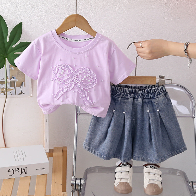 Girls' Stylish Outfit 2026 Summer New Korean Version with Ruffled Bowknot Lace and Pearl Short Sleeve Two-Piece Set for Babies