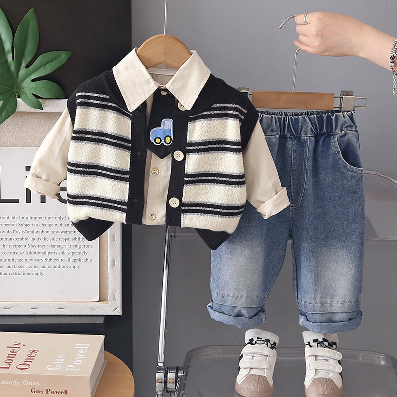 Children's striped sweater, vest, cardigan 2026 new stylish three-piece set for boys, baby spring and autumn clothing wholesale