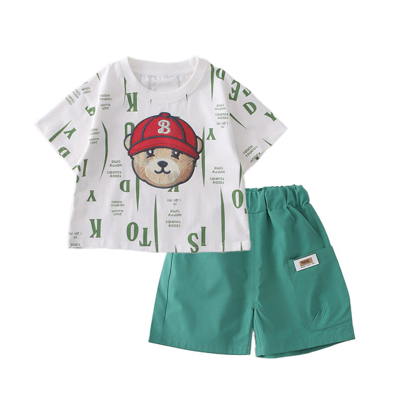 Boys' Outfit 2026 New Style Children's Casual Clothes Summer Wear Red Hat Bear Short Sleeve Two-Piece Set Trendy