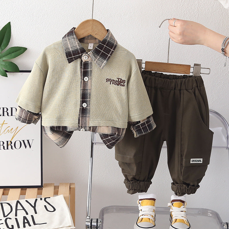 Boys' outfit, plaid color-block two-piece set, trendy and stylish, fashionable clothes for 2-year-old baby, spring stylish 3-piece boy's suit