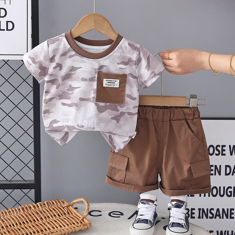 Boys' Short-Sleeve 2026 New Summer Outfit Baby Stylish Korean Version Children's Round Neck Pocket Two-Piece Set Trendy