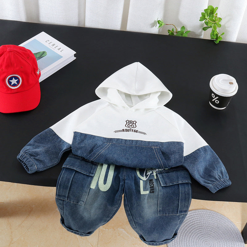 Boys' Outfit 2026 New Spring Autumn Clothes for Infants and Children Denim Patchwork Hoodie Casual Two-Piece Trendy Set
