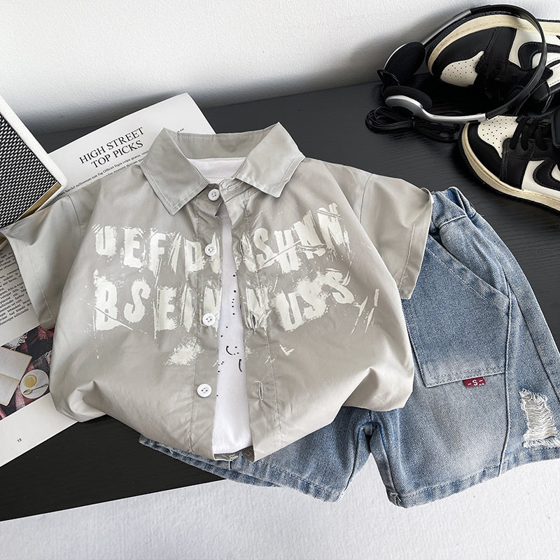 Boys' 2026 New Stylish Children's Short-Sleeve English Shirt Three-Piece Set Baby Summer Fashion