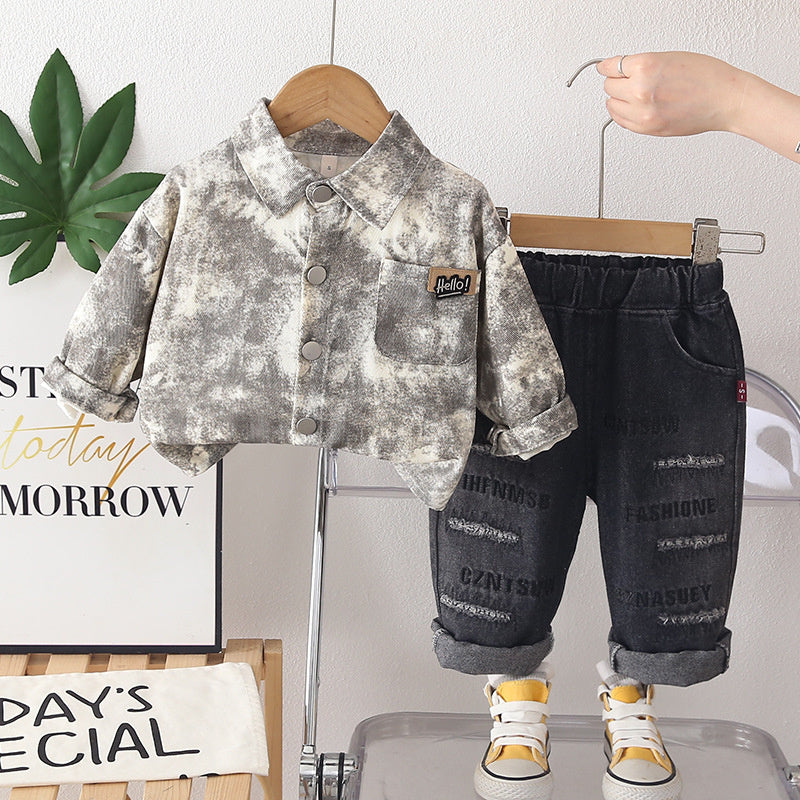 Boys' Suit Spring and Autumn, New 2026 Casual Clothes for Children, Stylish Full-Print Round-Pocket Two-Piece Autumn Outfit