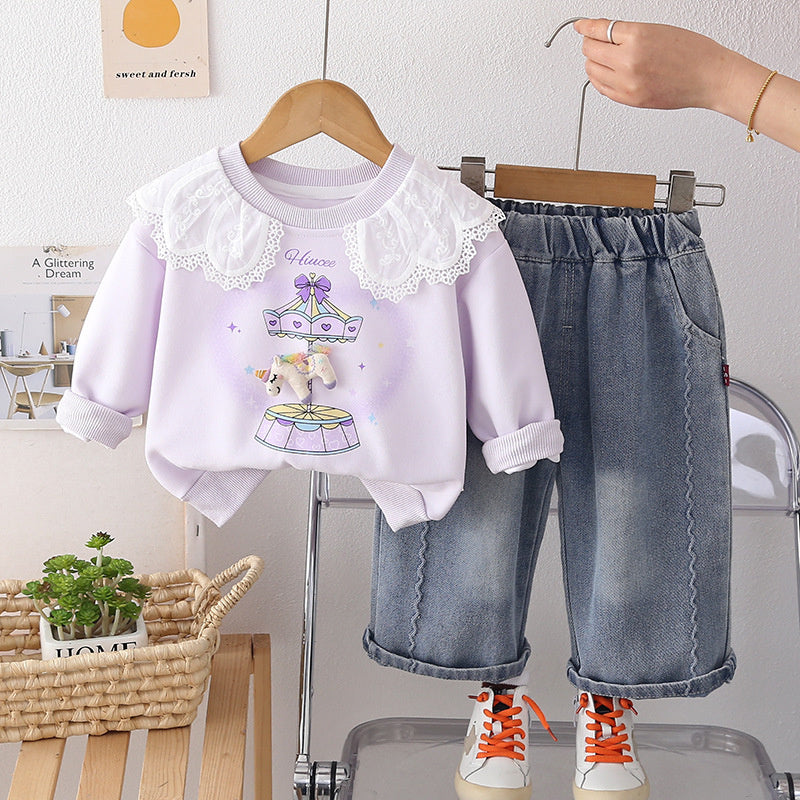 Girls' 2026 New Korean Style Fashionable Baby Lace Collar Two-Piece Casual Spring Outfit with Jeans Trendy