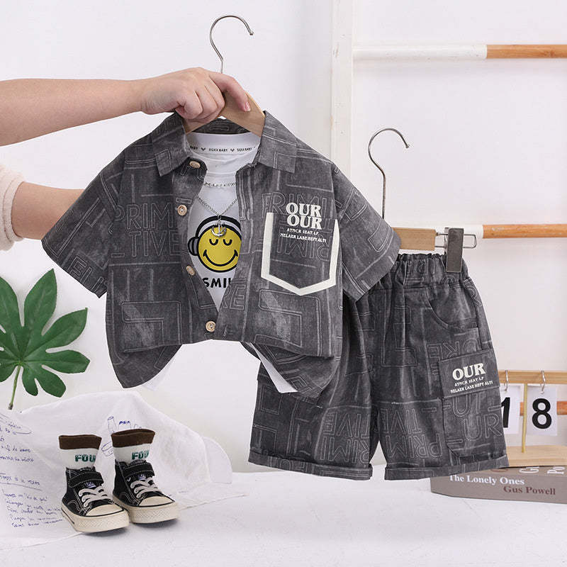 Children's Summer Fashionable Outfit 2026 New Style for Young Boys, Pocket Cardigan Short Sleeve, Baby Boy Shorts Three-Piece Trendy Set