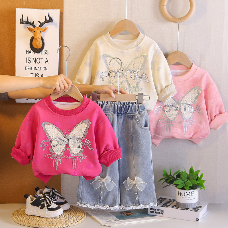 Girls' Outfit Autumn 2026 New Fashionable Children's with Sparkling Rhinestones and Large Bow, Long Sleeve Baby Girl Spring Two-Piece Set Trendy