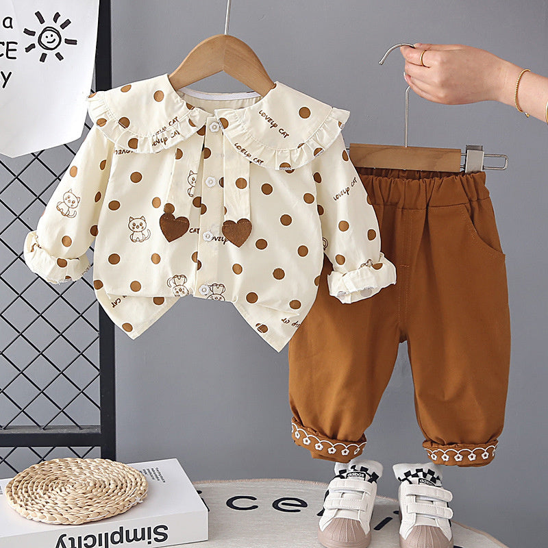 Girls' Outfit Cat Shirt Set, Stylish Fashionable, for 0-3 Year Old Baby Girls, Spring and Autumn Clothes, Infant Children's Clothing