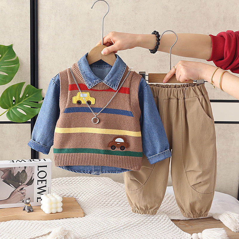 Boys' outfit set, stylish baby boy spring and autumn fashion infant clothing, striped car sweater three-piece set