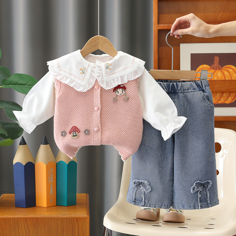 Girls' Spring and Autumn Long Sleeve Outfit 2026 New Baby Children's Clothing Cartoon Mushroom Sweater Three-Piece Set Trendy