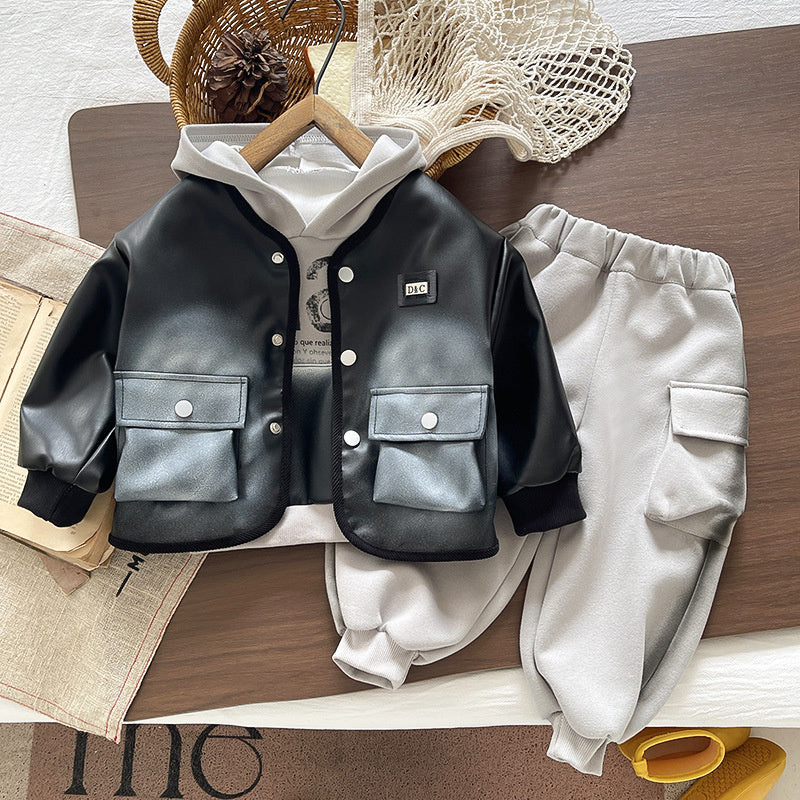 Boys' Outfit 2026 New Fashionable Spring Autumn Clothes for Babies Cool and Stylish Children's Leather Jacket Three-Piece Set