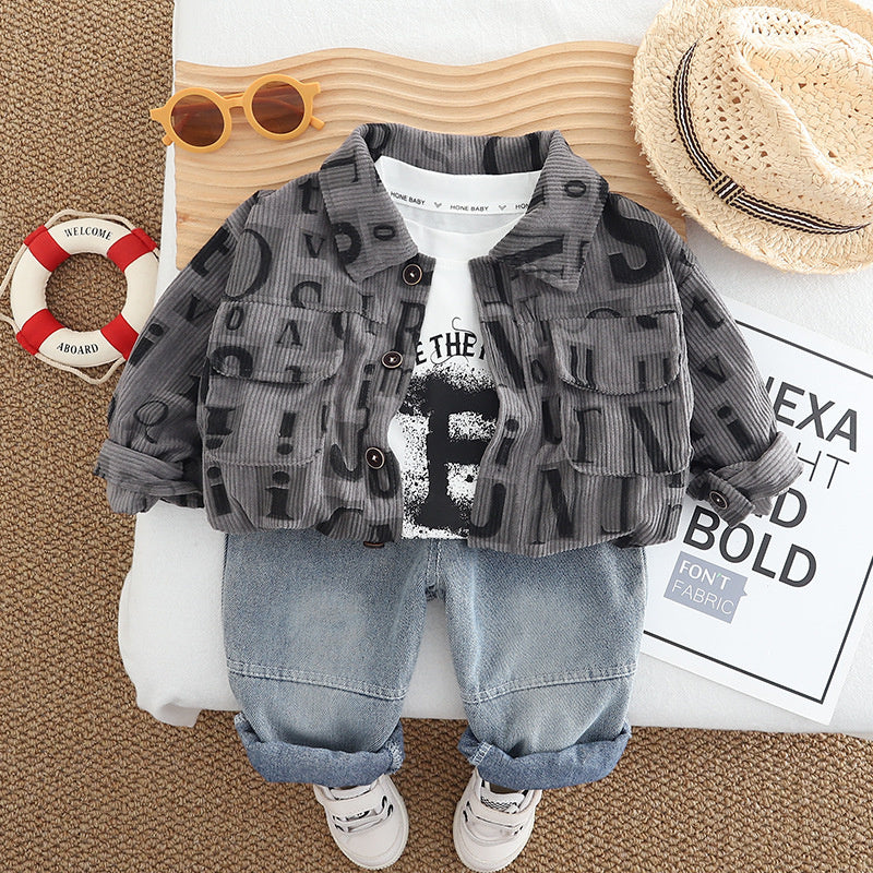 Boys' Outfit 2025 New Stylish Children's Spring and Autumn Letter Corduroy Three-Piece Set Baby Kids' Fashion