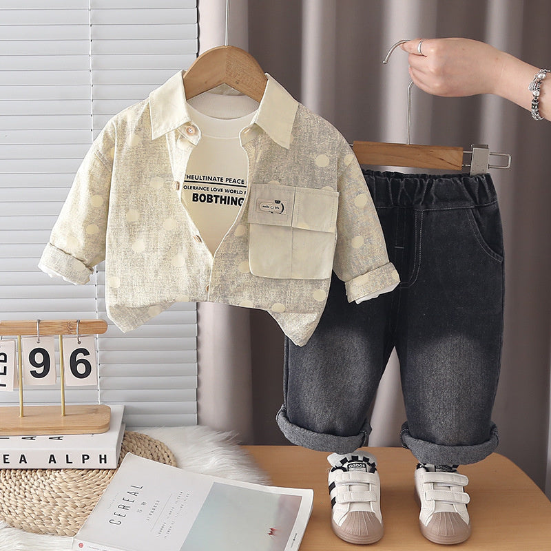 Boys' Spring and Outfit 2026 New Fashionable Casual Polka Dot Three-Piece Set Children, Trendy Autumn Jacket for Babies