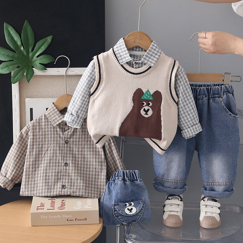 Boys' Outfit 2026 New Spring and Style Children's Fashionable Baby Autumn Casual Cartoon Big Bear Sweater Three-Piece Set