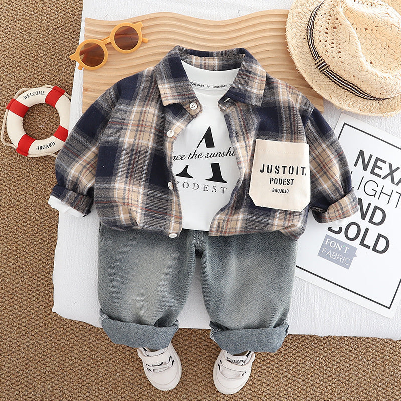 Boys' 2025 Outfit 1-2-3 Years Old Baby Color Block Shirt Jacket Children's Spring Autumn Three-Piece Set Kids' Clothing