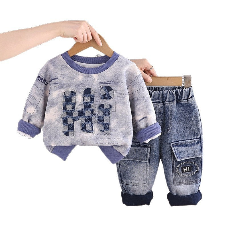 Boys Spring and Autumn 2025 Casual Suit Baby Boy New 1-5 Years Old Long Sleeve Letter Sweatshirt Denim Two-piece Set