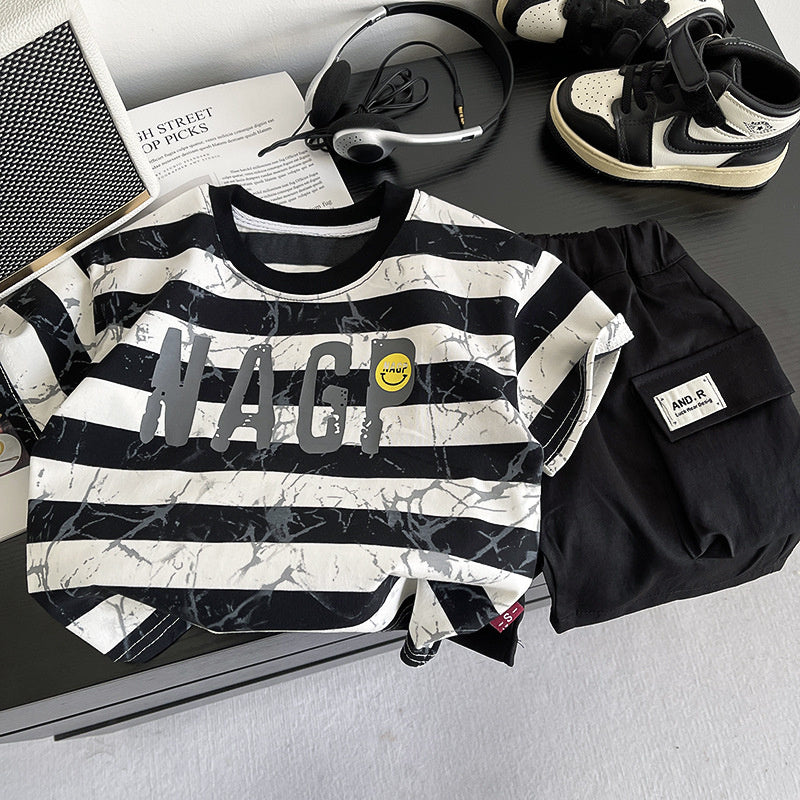 Boys' Outfit 2026 New Stylish Striped Smiley Face Short Sleeve Two-Piece Set Baby Summer Clothes Trendy Children's Wear