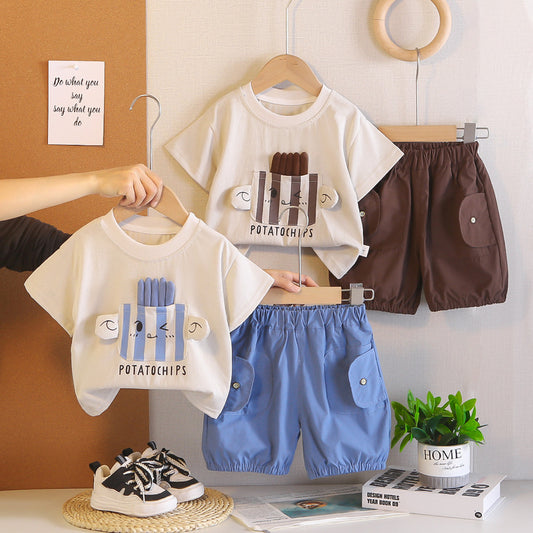 New stylish outfit for boys 2026, baby short-sleeve clothing, children's summer casual round-neck two-piece set, trendy