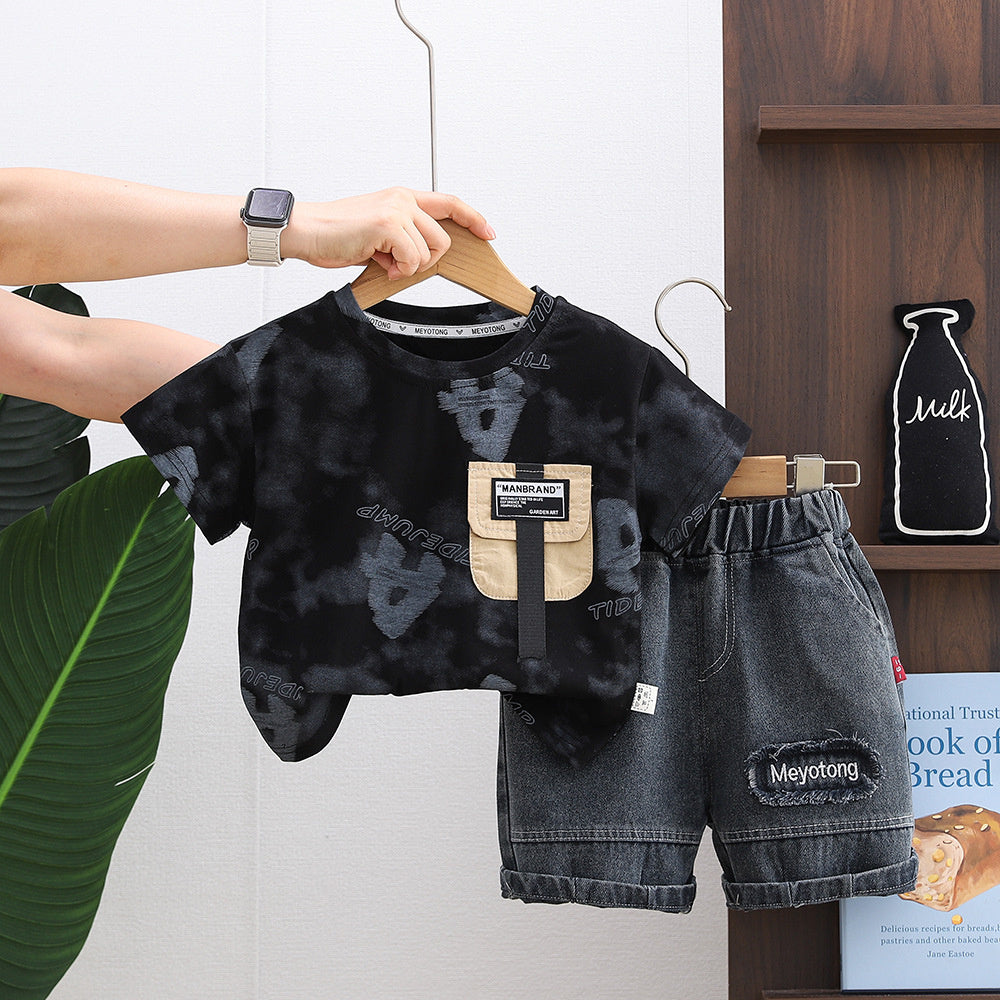 Boys' Outfit 2026 New Style Infant Children's Full-Print Letter Round-Neck Short-Sleeve Two-Piece Set Stylish Baby Summer Wear